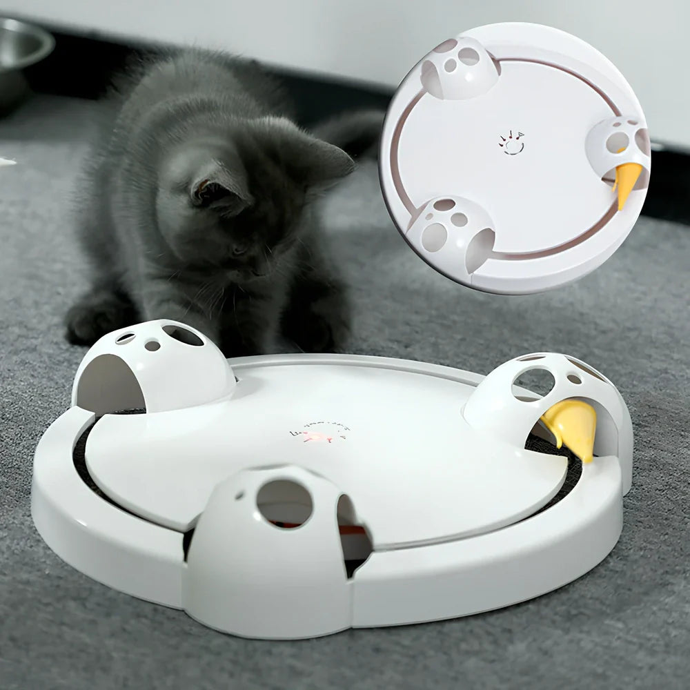 White automatic cat toy with 32cm rotating platform on hardwood floor