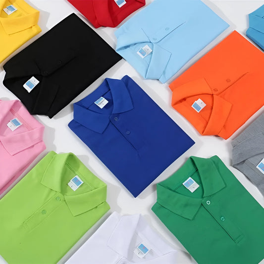 Short-sleeved cotton work shirt in a straight-cut pullover style, shown on a hanger.