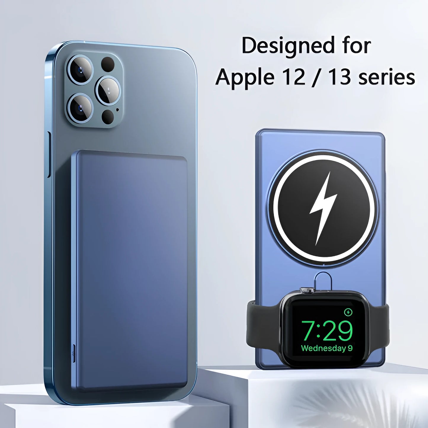 Square aluminium wireless charging power bank showing front and side views with 5000mAh capacity label