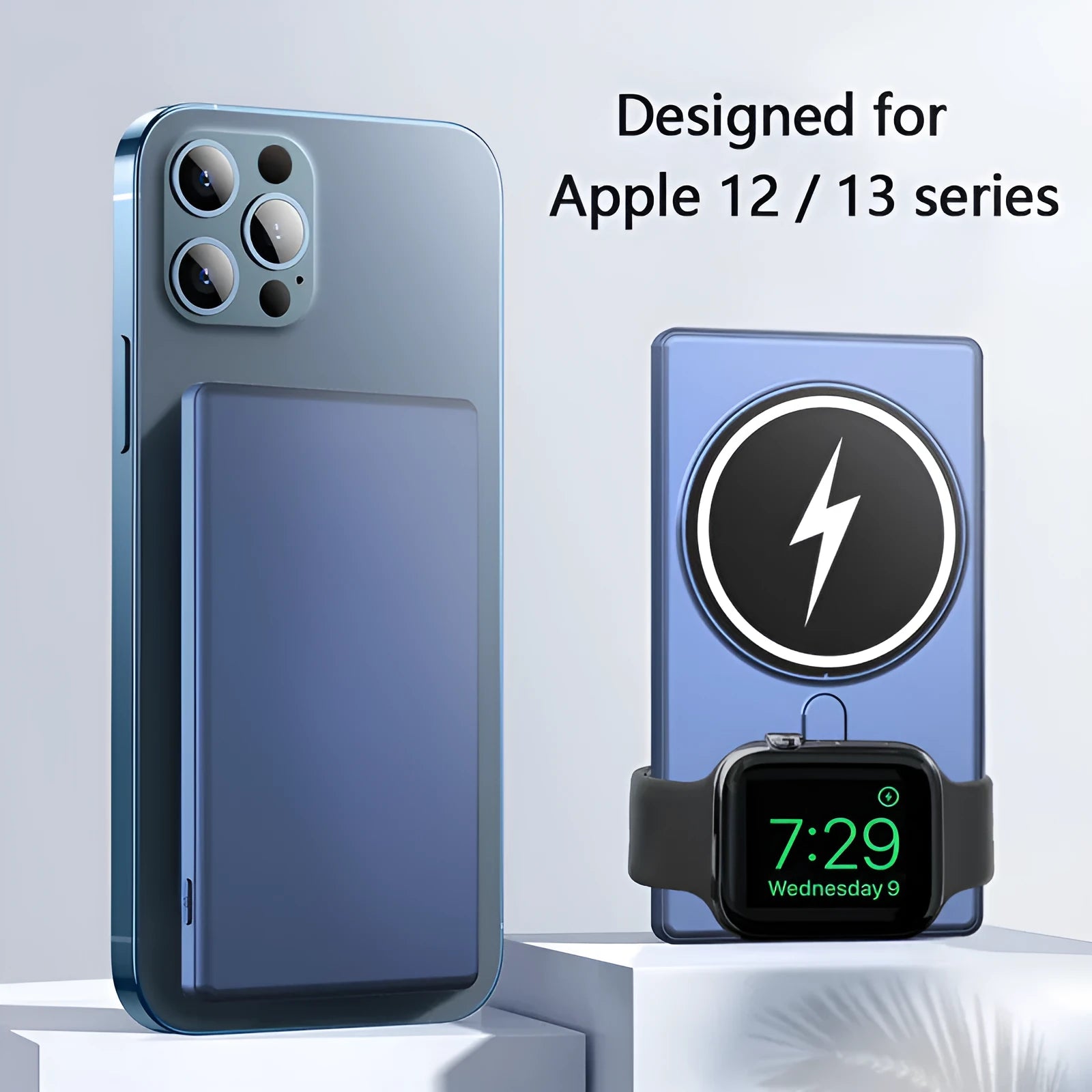 Square aluminium wireless charging power bank showing front and side views with 5000mAh capacity label