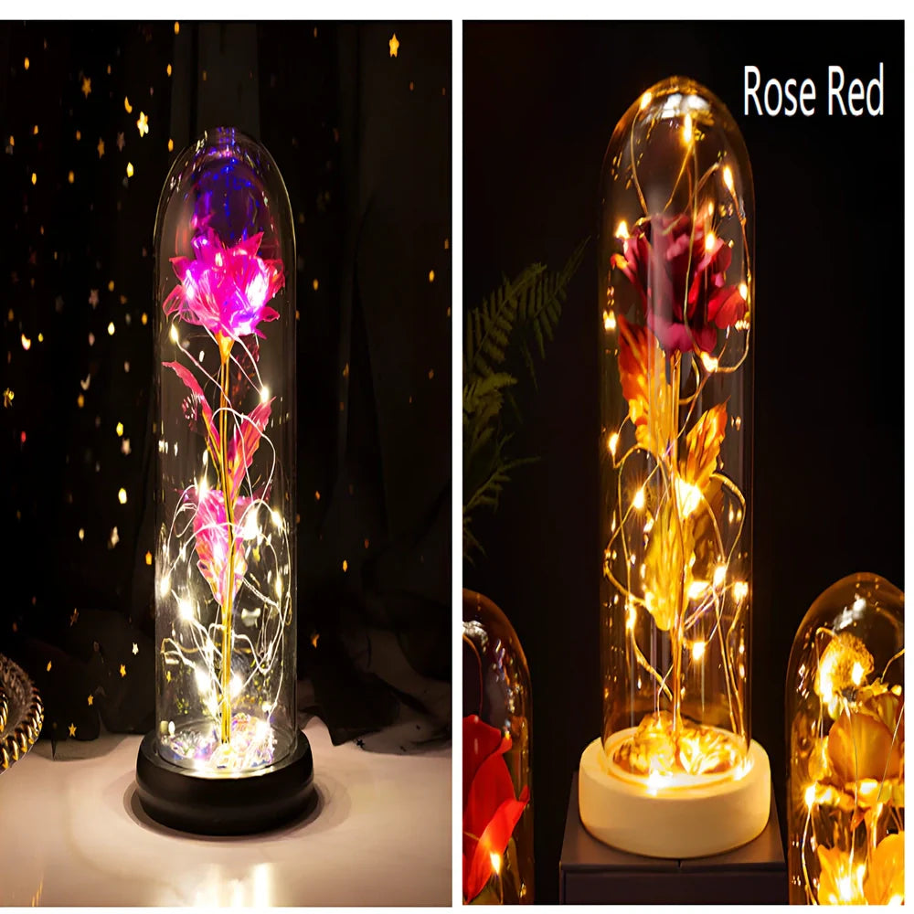 Little Prince rose arrangement under 20x9cm glass dome with gold foil flowers