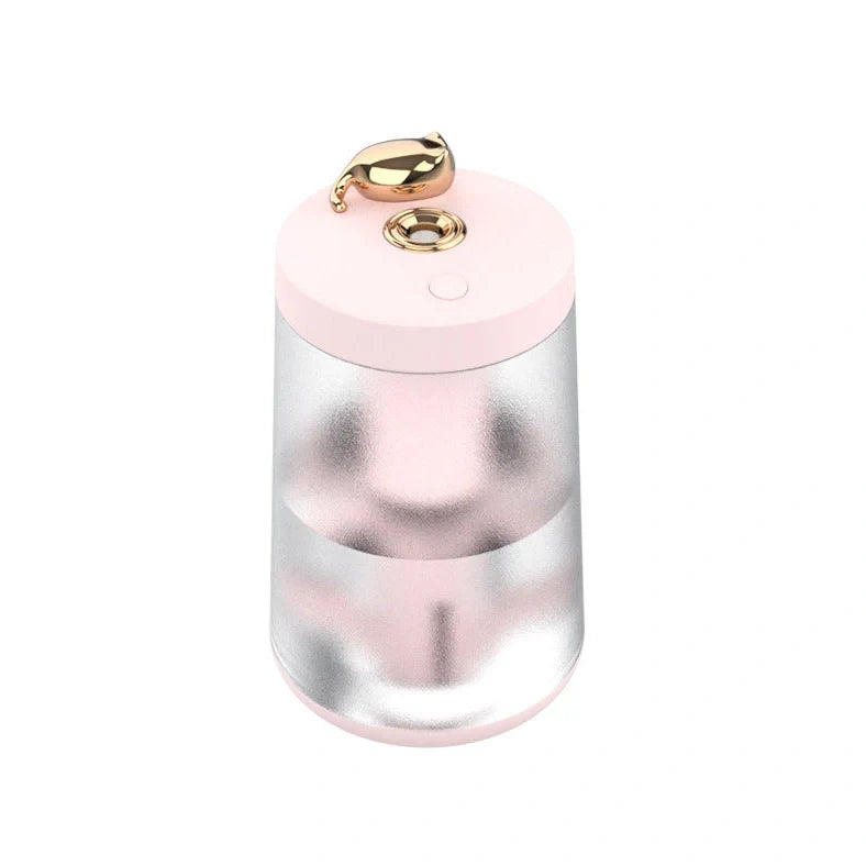 Columnar cat humidifier with electroplated finish and USB cable connection