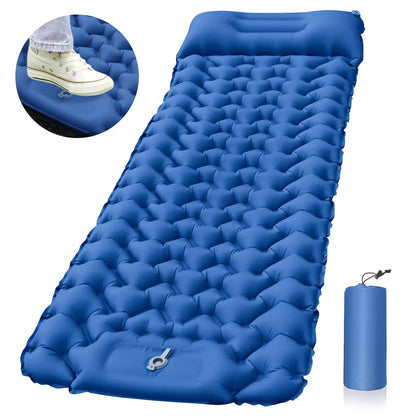 Portable inflatable camping cushion with built-in foot pump in various colors