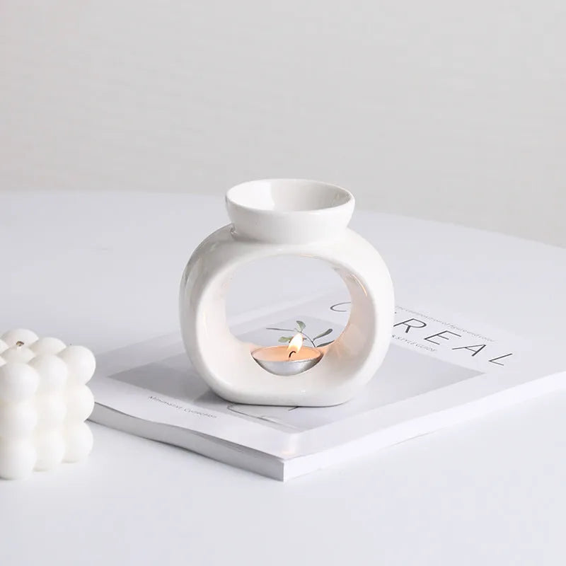 White Nordic style ceramic aromatherapy stove with anti-dry burning design for safe essential oil evaporation