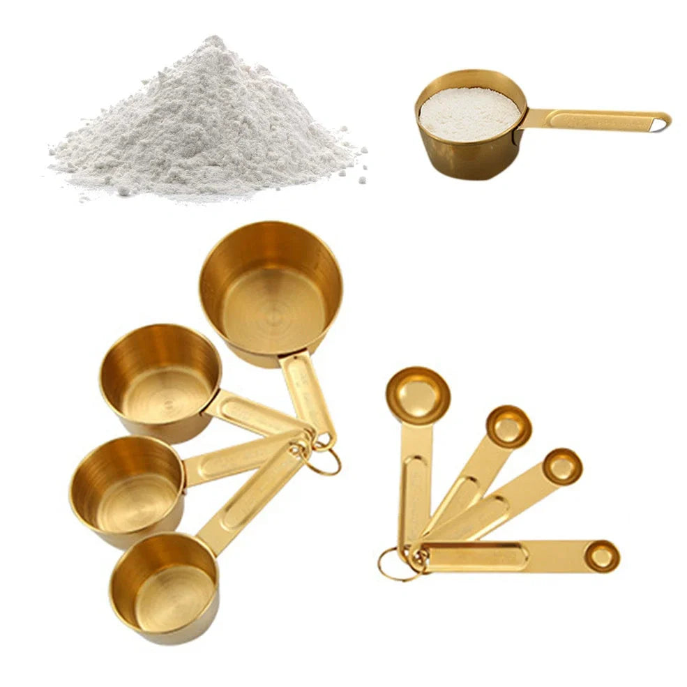 Stainless steel measuring spoons and cups set with engraved markings and removable storage rings