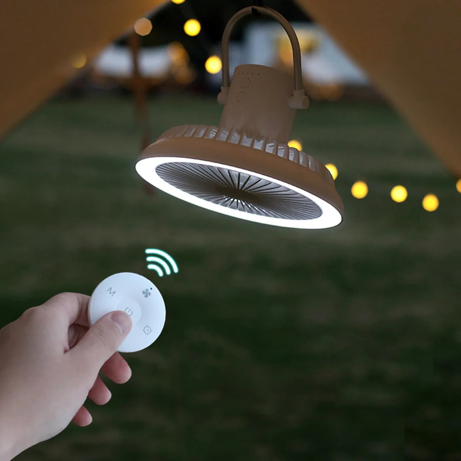 Versatile USB Rechargeable Camping Fan with Tripod Stand and Lantern, offering a premium aluminum alloy construction, 3-in-1 design, and powerful brushless motor for a refreshing outdoor experience.