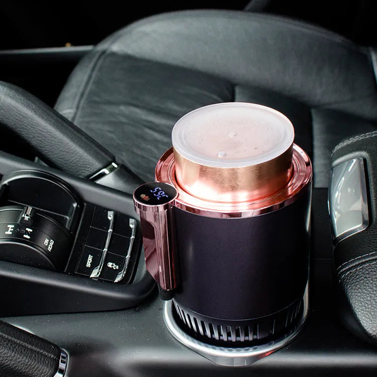 Black smart car cup holder with digital temperature display for heating and cooling drinks