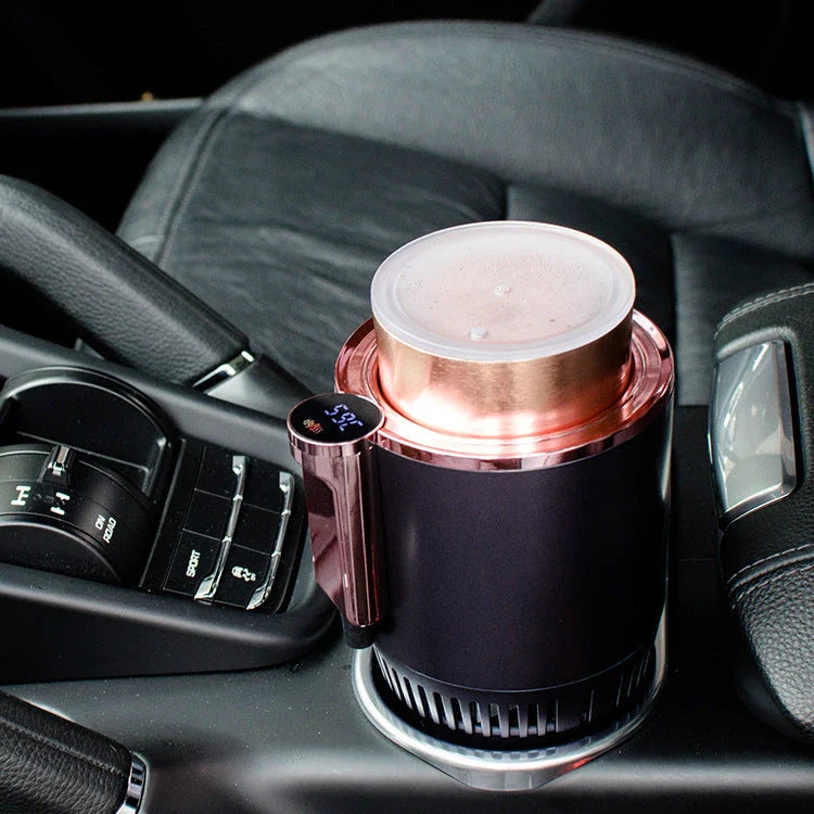 Smart 2-in-1 car beverage warmer and cooler with digital temperature display, versatile design to keep drinks at the perfect temperature