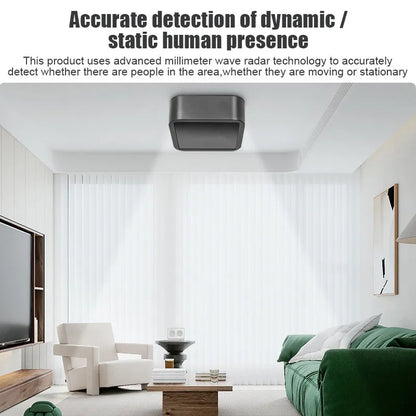Black 24G millimeter wave human presence sensor, 10x10x4cm, Wi-Fi ZigBee, USB powered smart home detector