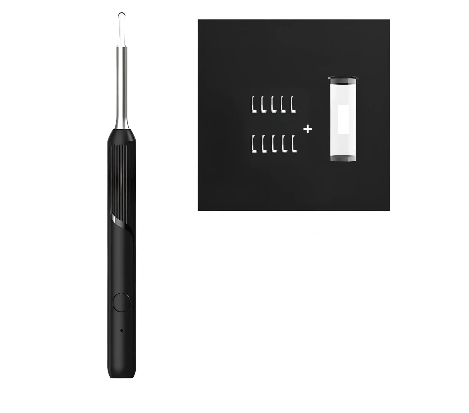 Visual ear cleaning device with camera, ear scoop attachments, and charging cable on white background