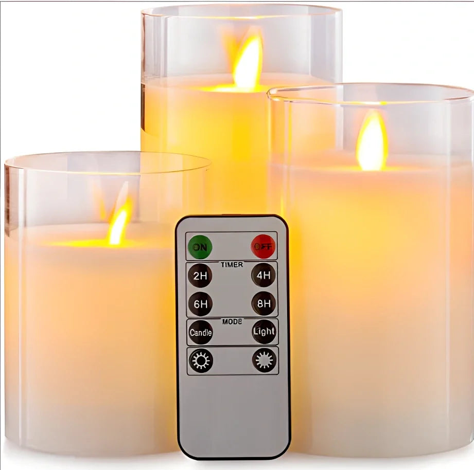 LED electronic remote control candle with swinging flame in smoky gray, transparent white, and amber gold styles