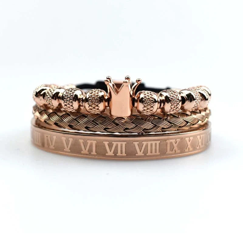 Men's stainless steel crown charm bracelet with adjustable chain