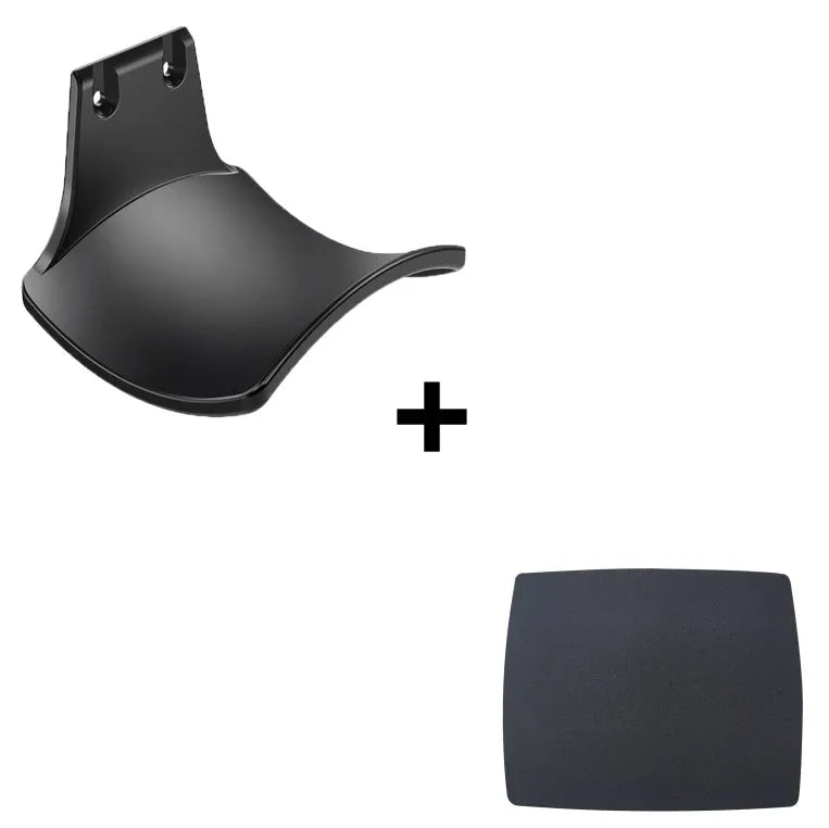 Black ABS plastic wall hanging rack with an X-shaped handle, shown with adhesive gel and screws for mounting.