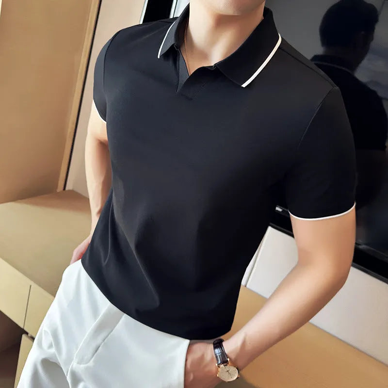 Men's short sleeve lapel polo shirt in a cotton blend fabric shown in solid colour options.