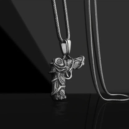 Men's black titanium steel gun and rose pendant necklace with square pearl chain