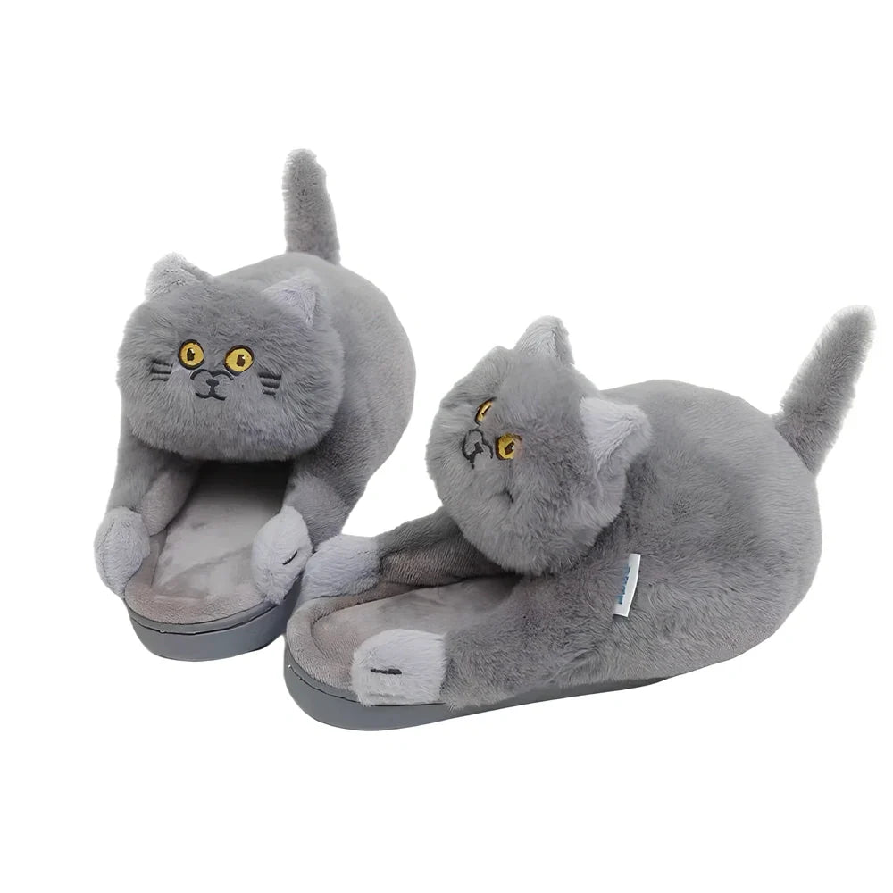 Cotton cat slippers with non-slip sole and animal pattern in blue, white, or beige