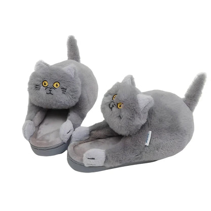 Cotton cat slippers with non-slip sole and animal pattern in blue, white, or beige