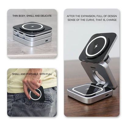 Folding three-in-one wireless charging bracket for desktop with Apple, Samsung and Google Pixel Watch support