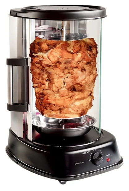 Black electric indoor rotisserie oven with 334x282x446mm dimensions and 21L cooking capacity