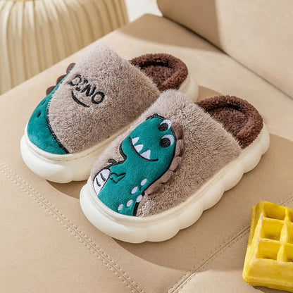 Cotton plush slippers with dinosaur themes in grey, coffee, and orange, showing thickened sole and couple set design
