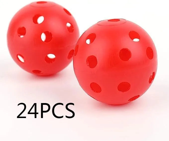 Multi-colour golf practice balls in red, orange, blue, green, white, and yellow, 42mm diameter, packed in a net pocket
