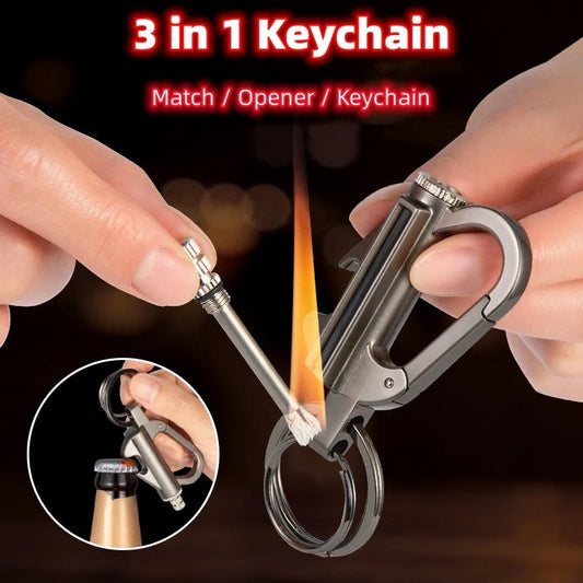 Metal keychain lighter with flint starter and bottle opener in various colors