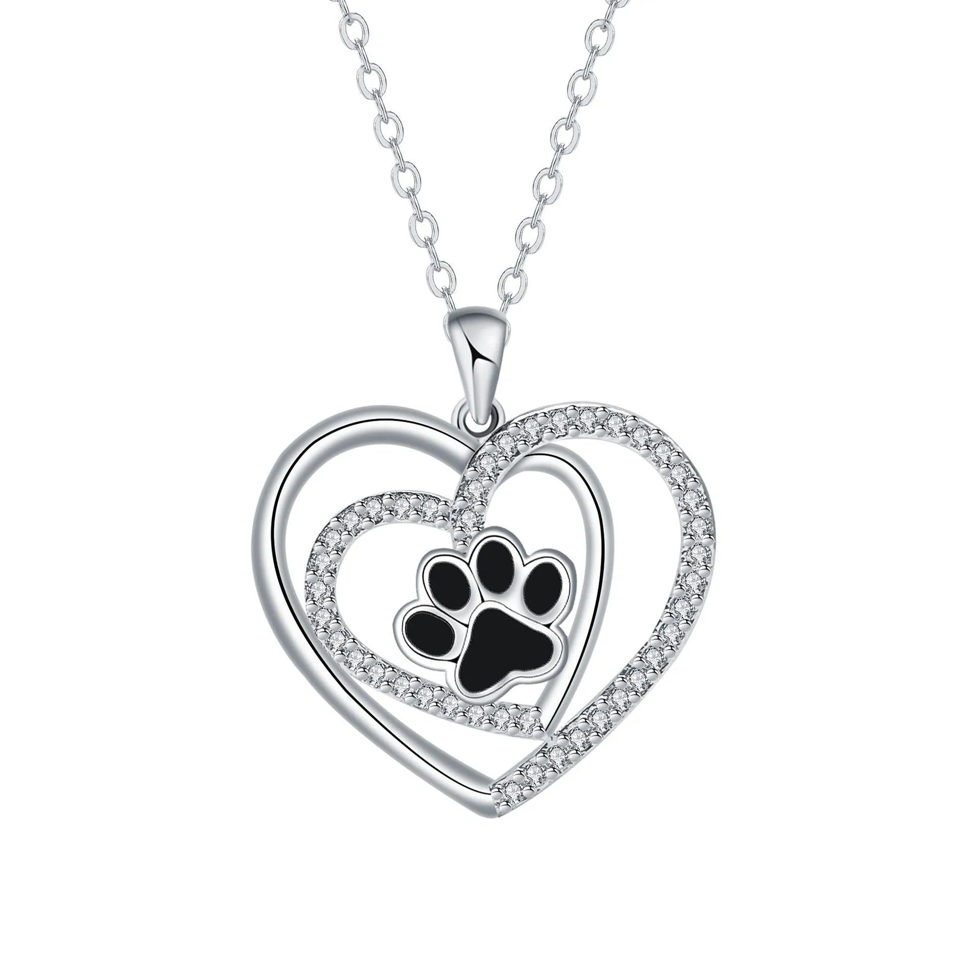 Copper heart pendant necklace with engraved dog paw print on a cross chain.