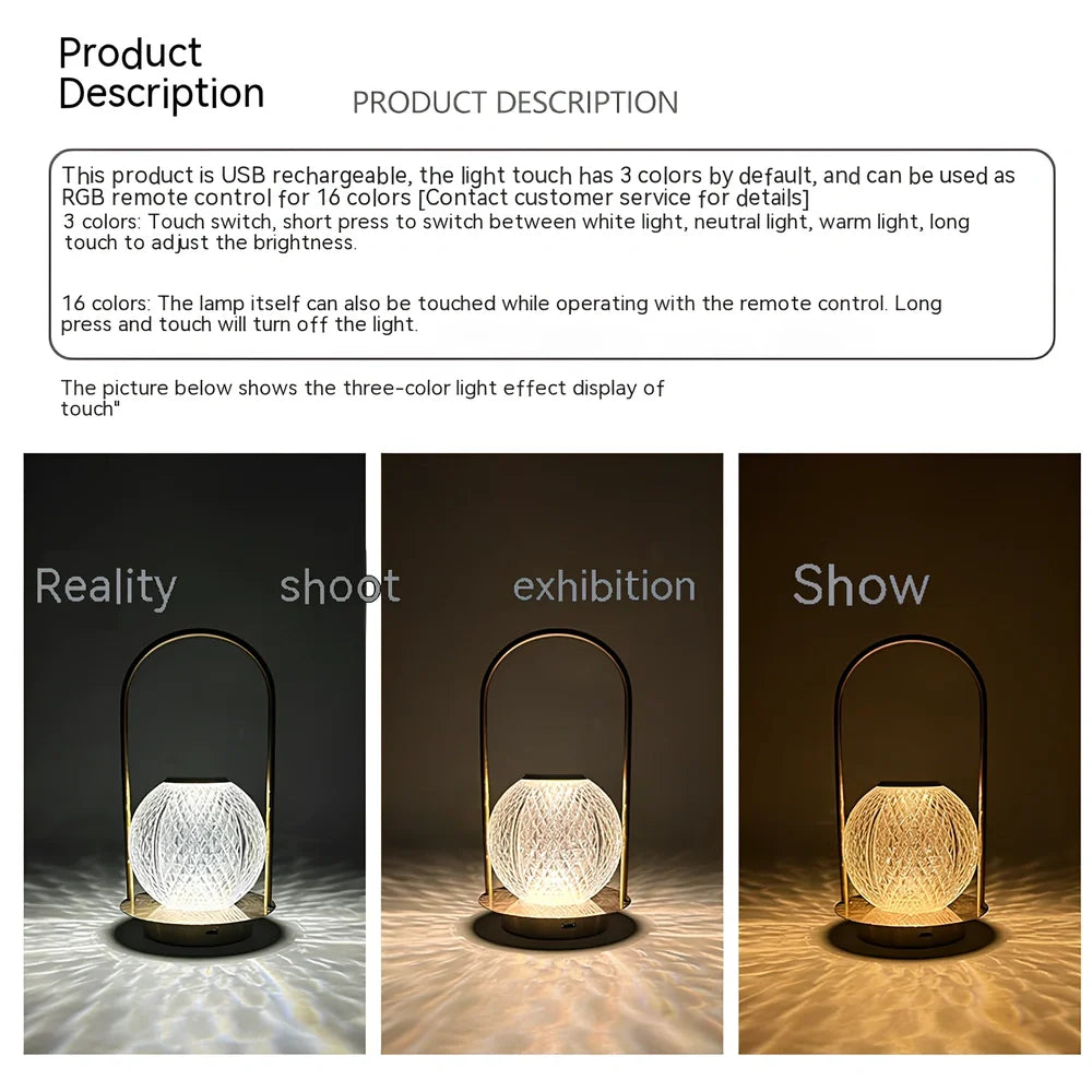 Metal portable ambience light with lantern shape measuring 11×23cm, showing touch controls and 27 colour options