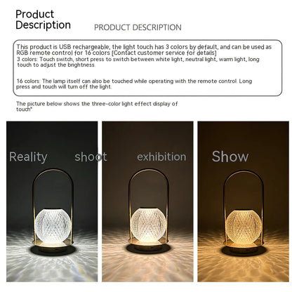 Metal portable ambience light with lantern shape measuring 11×23cm, showing touch controls and 27 colour options