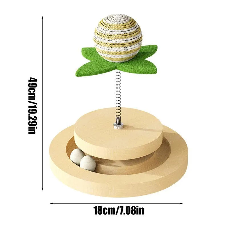 Green sisal scratching pad cat toy with rotating ball track and spring elements for indoor feline play