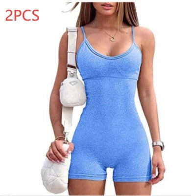Stylish spaghetti strap jumpsuit in various vibrant colors, perfect for yoga, workouts, and everyday wear.