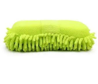 Silver green microfiber chenille car wash sponge block measuring 14cm by 25cm.