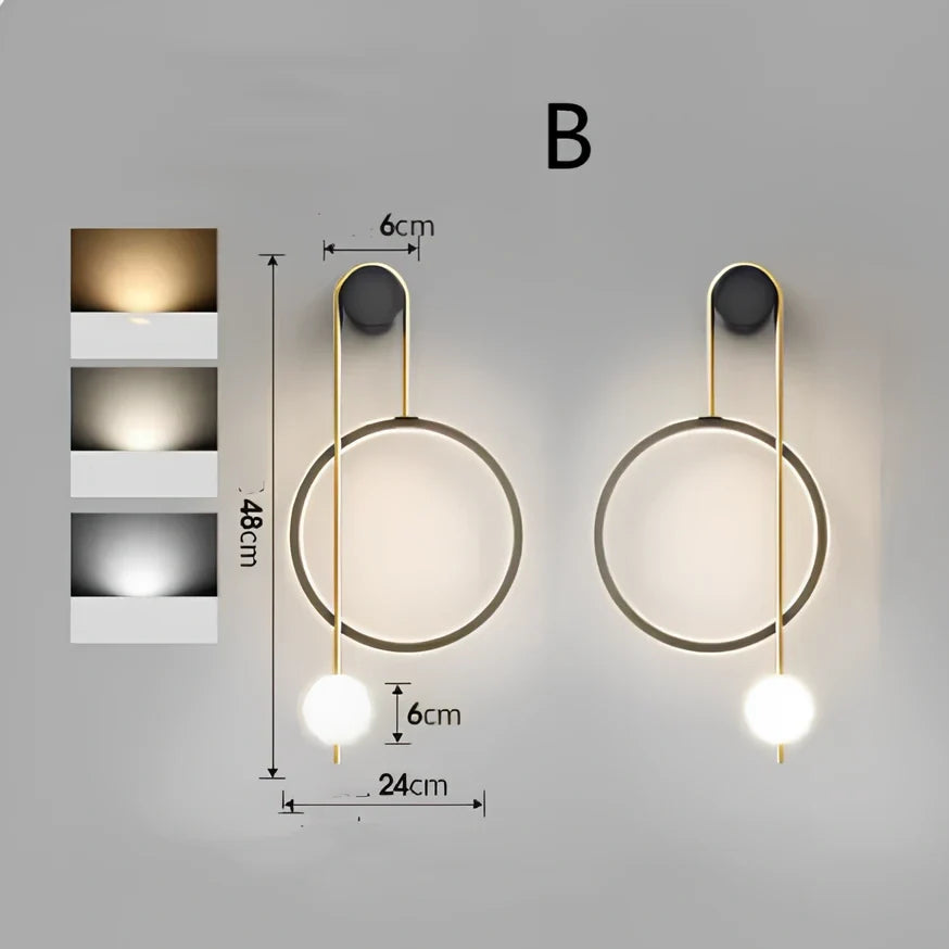 Nordic wall lamp with black gold finish and LED lighting, mounted beside bed with dimming controls