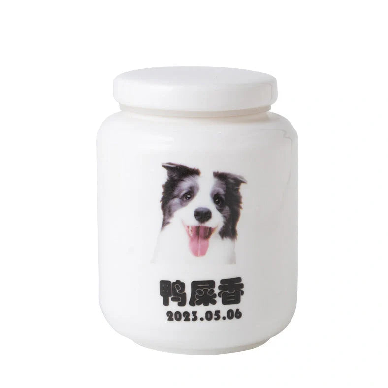 Handmade ceramic pet memorial urn with custom logo engraving for ashes storage