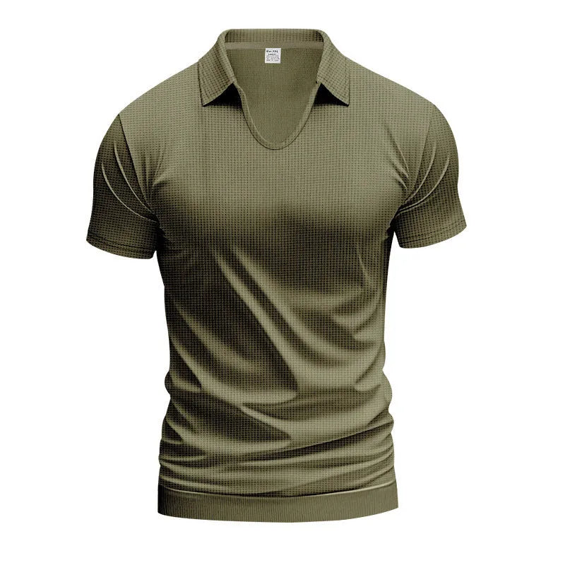 Men's loose fit light grey V-neck short sleeve T-shirt laid flat