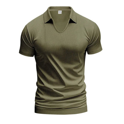 Men's loose fit light grey V-neck short sleeve T-shirt laid flat