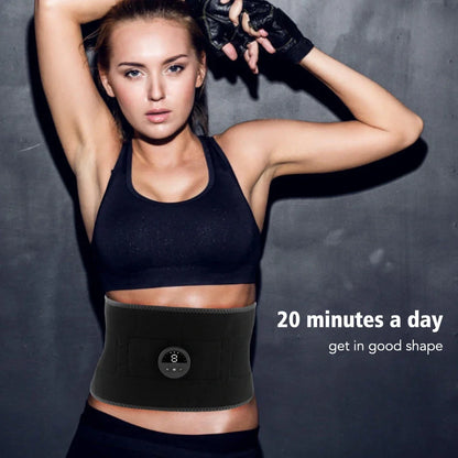 Black EMS pulse health care belt with control unit showing mode and intensity buttons, measuring 110cm with tapered width