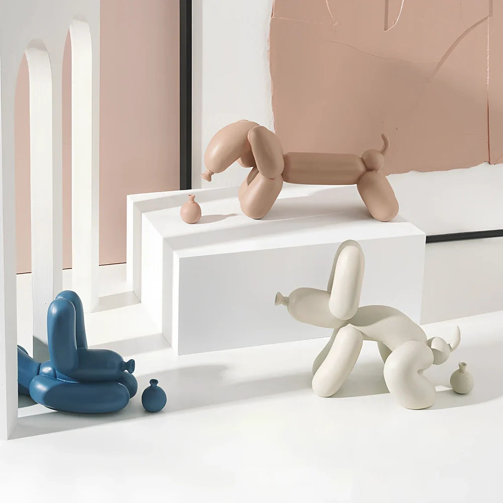 Solid resin balloon dog ornament in squat position with Scandinavian design, 15cm height