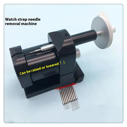 Alloy steel watch strap removal tool for watch repair on a workbench.