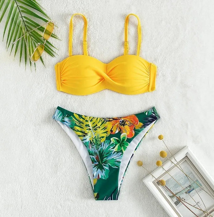 Women's fluorescent green split push-up hard cup bikini swimsuit set with matching briefs.