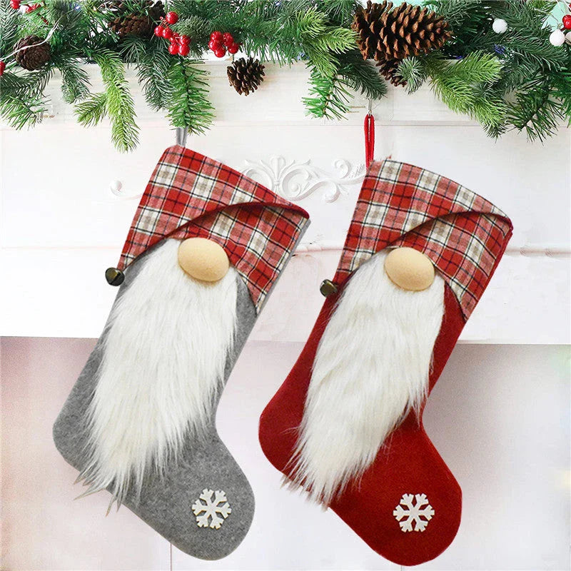 Charming Christmas stockings with red plaid pattern and 3D dwarf accents, perfect for festive home decor