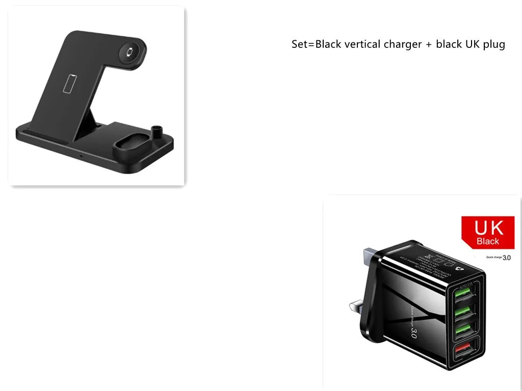 4-in-1 wireless charging station with adjustable magnetic stand charging phone, watch, AirPods, and Apple Pencil
