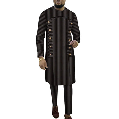 African-inspired striped cotton robe two-piece set for men showing top and trousers in multiple colour variations