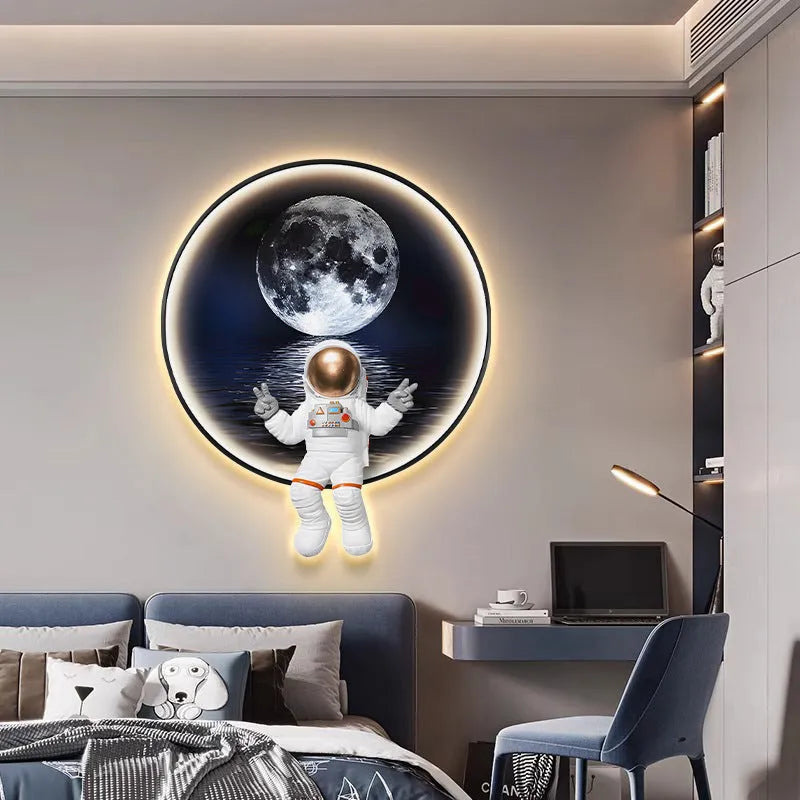 Space-Themed Children's Wall Decoration Modern Simplicity Art Print with Optional USB LED Lighting Three Astronaut Canvas Paintings Available Spaceman A B C Patterns Bedside Lamp Room Decor