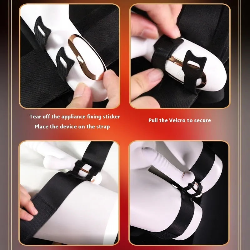 Black knitted appliance strap for toy tools, showing adjustable design and knitted belt construction