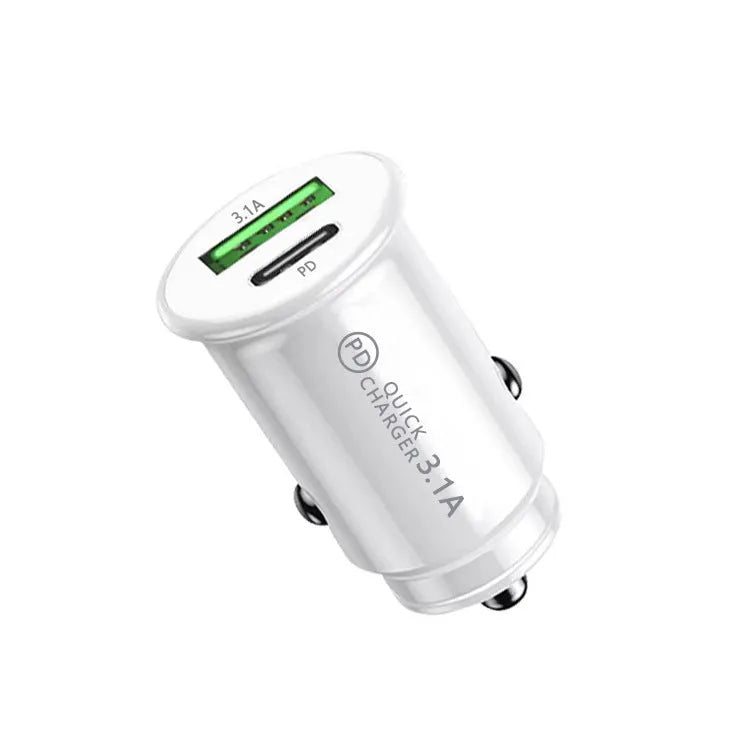 Black and white dual USB port car charger for vehicle cigarette lighter socket.