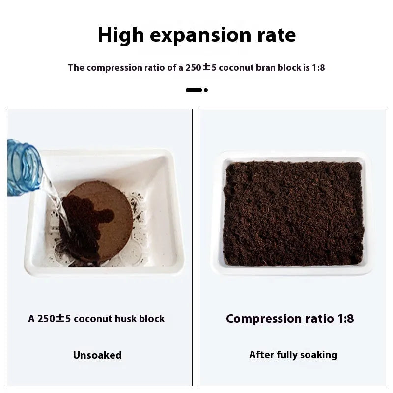 Nutrient soil blocks for vegetable planting showing dry and expanded states with size variations