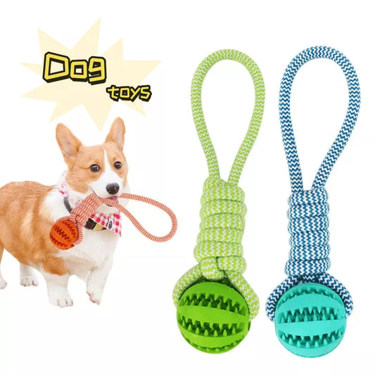 Interactive dog chew toy with rubber ball and cotton rope for dental health