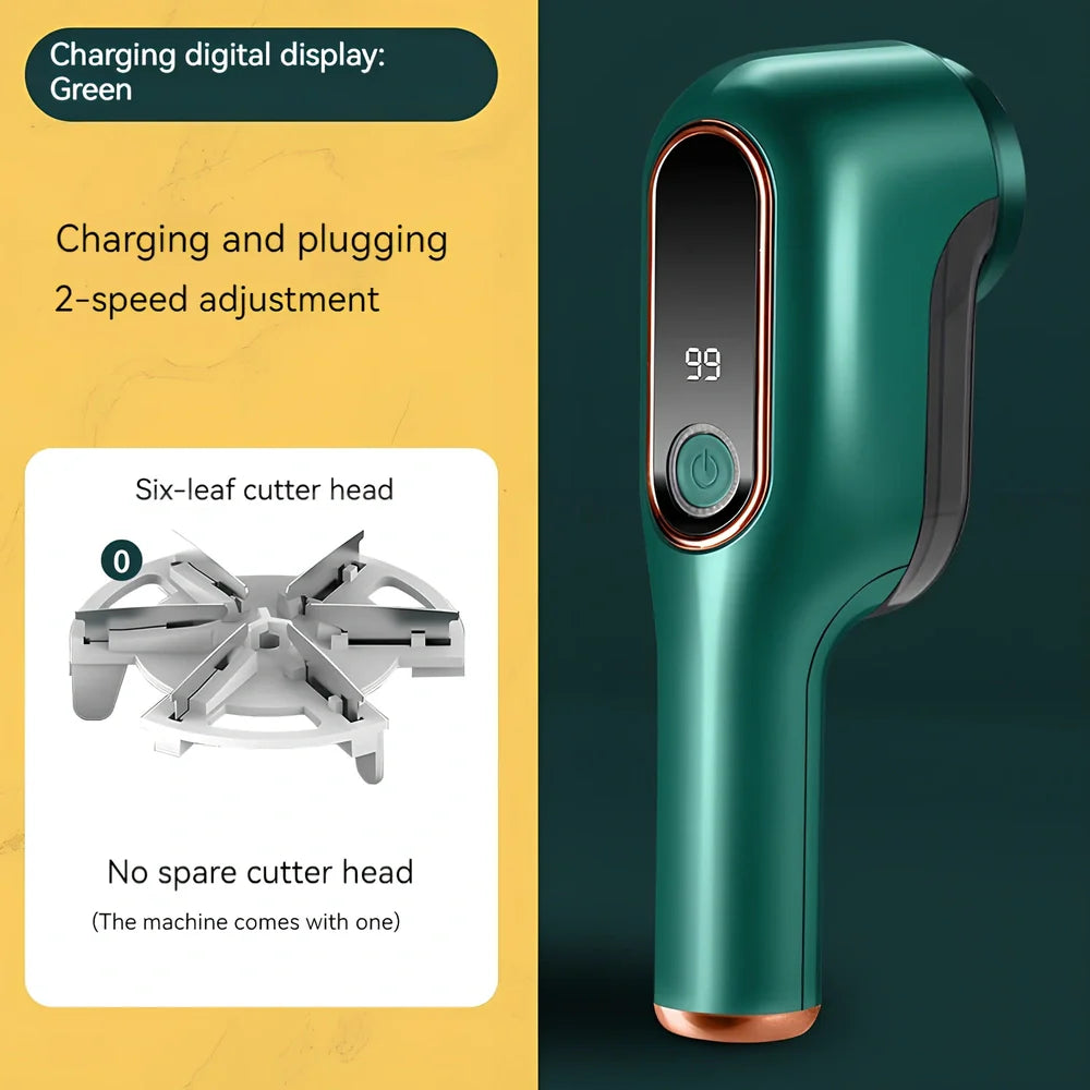 Rechargeable green lint trimmer removing fabric balls from wool jumper, digital display showing speed, 15 cm size with spare blades