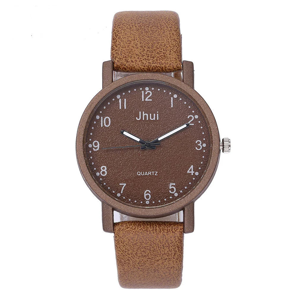 Stylish quartz watch with simple numeric dial, stainless steel clasp, and PU leather strap in various colors